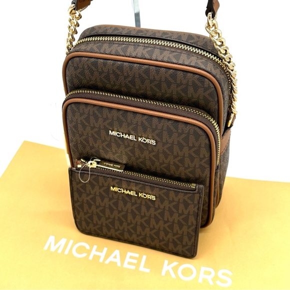 Michael Kors Medium NS Chain Xbody Bag & Small TZ Coinpouch w/ID Brown/Gold - Picture 9 of 12